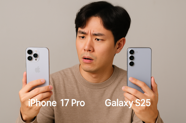 아이폰과 캘럭시를 고민하는 남성