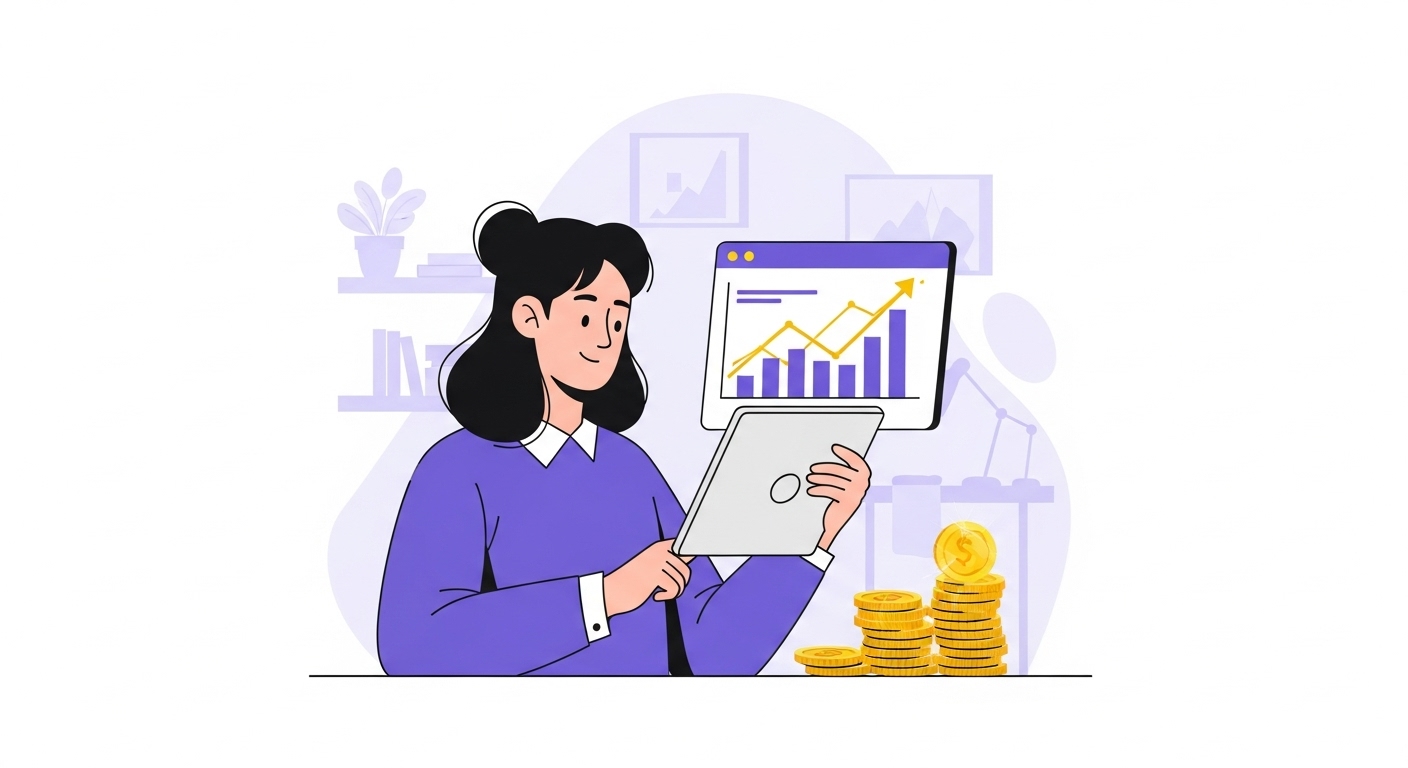 안정적으로 성장하는 금융 차트가 보이는 태블릿을 보며 미소 짓는 사람과 그 옆의 금화, 꾸준한 투자로 얻는 재정적 평온한 모습