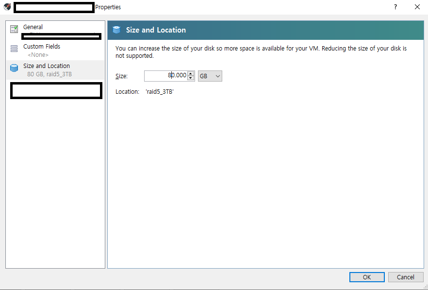 Properties 용량 설정(후)