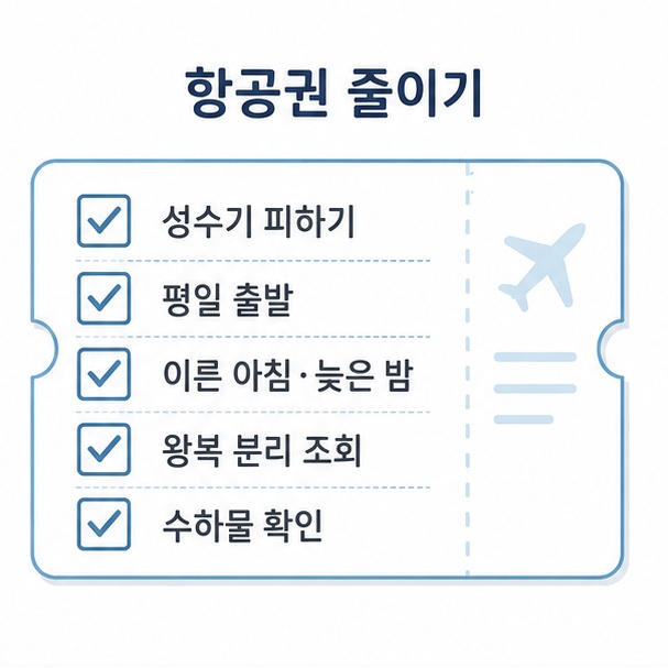 제주 항공권 비용을 줄이는 체크리스트, 성수기 피하기와 평일 출발, 이른 아침 편, 왕복 분리 조회, 수하물 확인