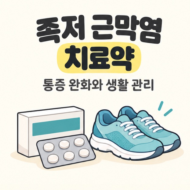 족저 근막염 치료약 제목과 통증 완화와 생활 관리 문구 아래에 정제 포장과 쿠션 있는 운동화가 나란히 놓여 있다.