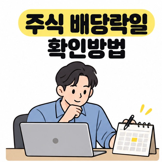 주식 배당락일 확인방법이라는 제목 아래 노트북 앞의 남성이 노란 표시가 있는 탁상 달력을 확인하는 모습