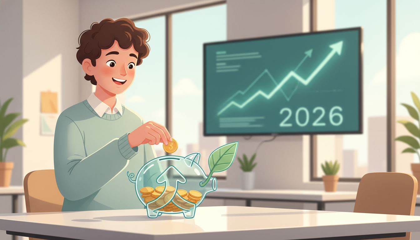 2026년 청년미래적금 가입을 통해 미래를 설계하는 밝은 표정의 청년이 동전을 저금통에 넣는 모습