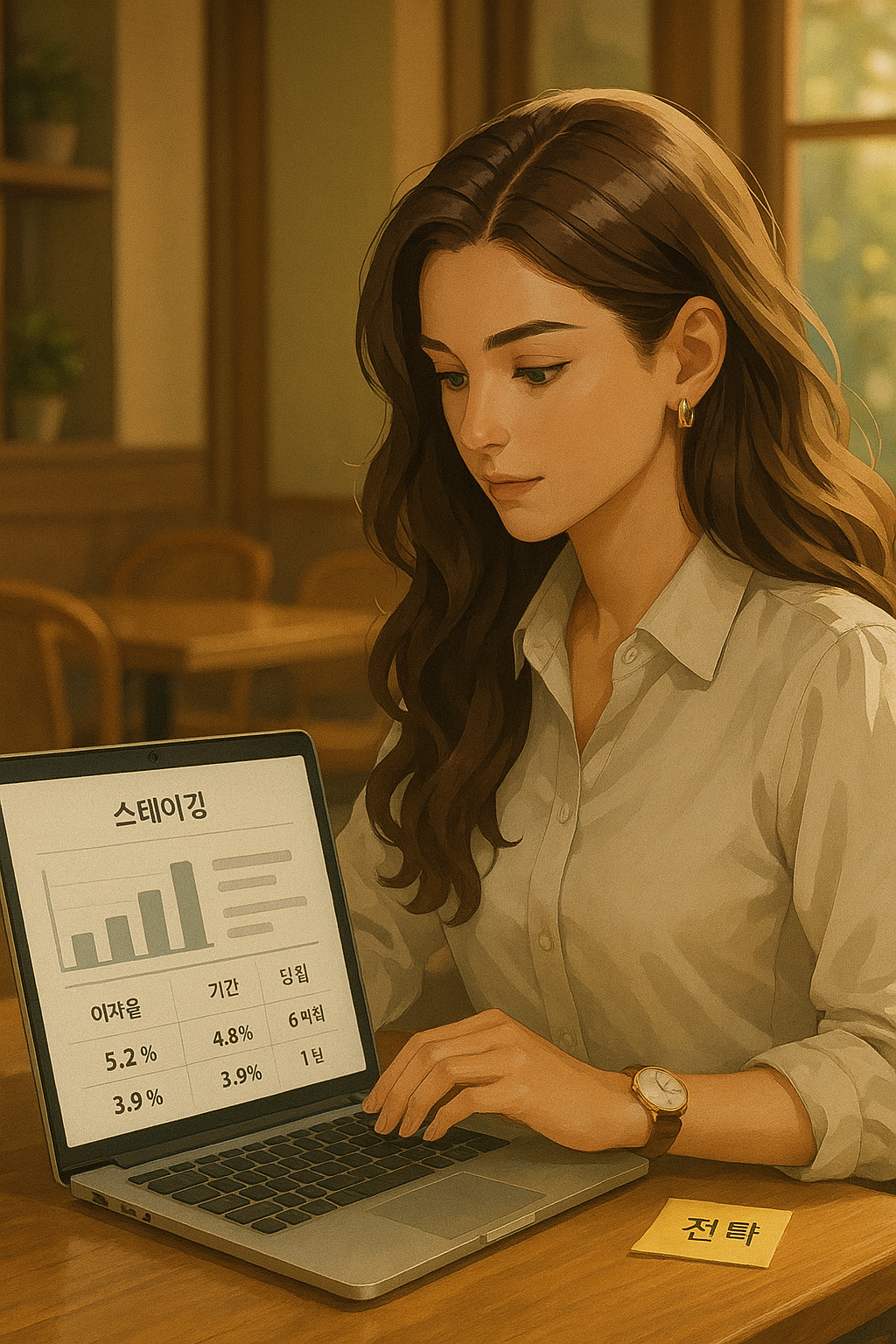 &ldquo;스테이킹 이자율과 기간을 비교하며 전략을 세우는 투자자&rdquo;