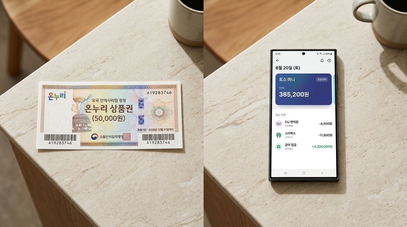 종이 상품권과 스마트폰 디지털 상품권을 비교하는 모습.