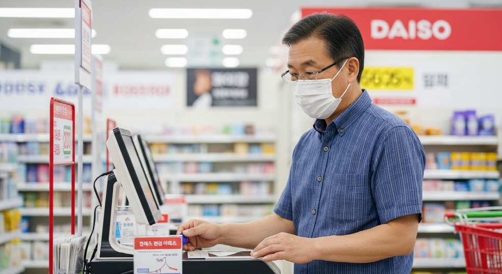 다이소 계산대에서 결제하는 중년 남성