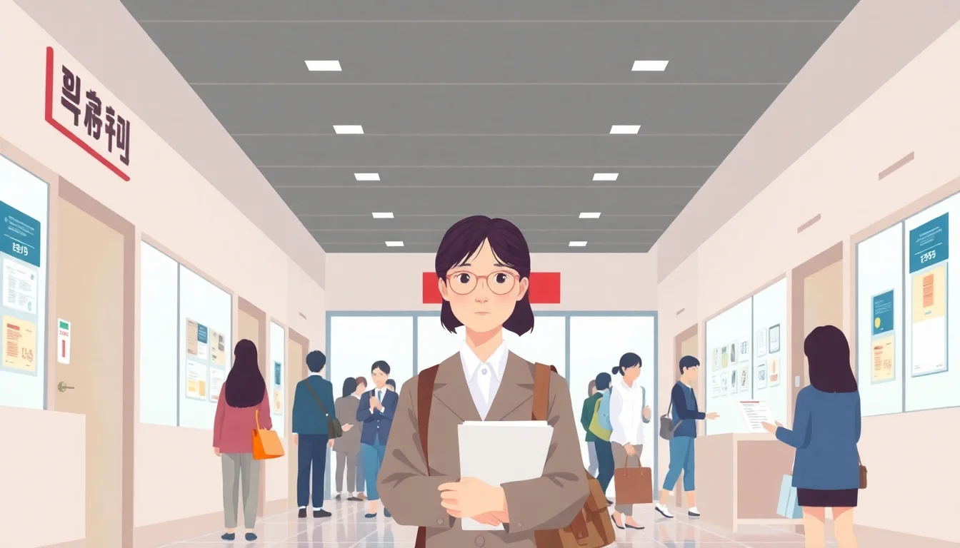 복도에 서 있는 안경 쓴 여성.