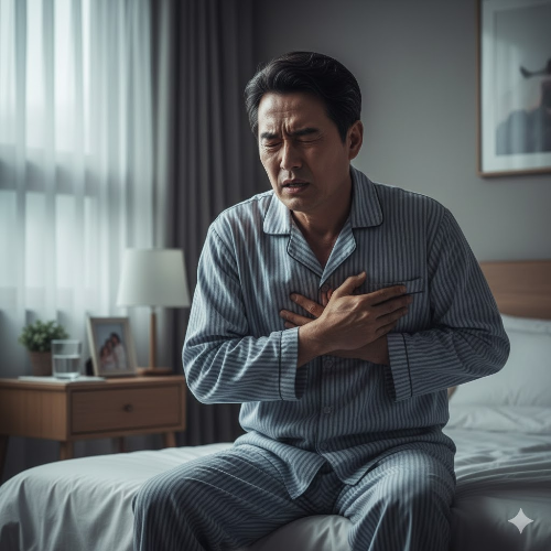 중년 남성이 가슴 통증을 느끼며 괴로워하는 모습