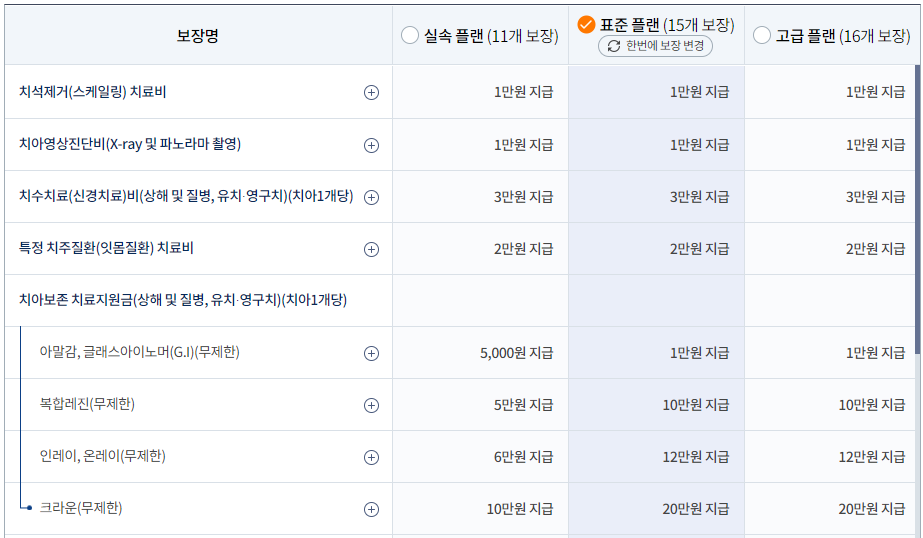 치아보험 보장내용 선택