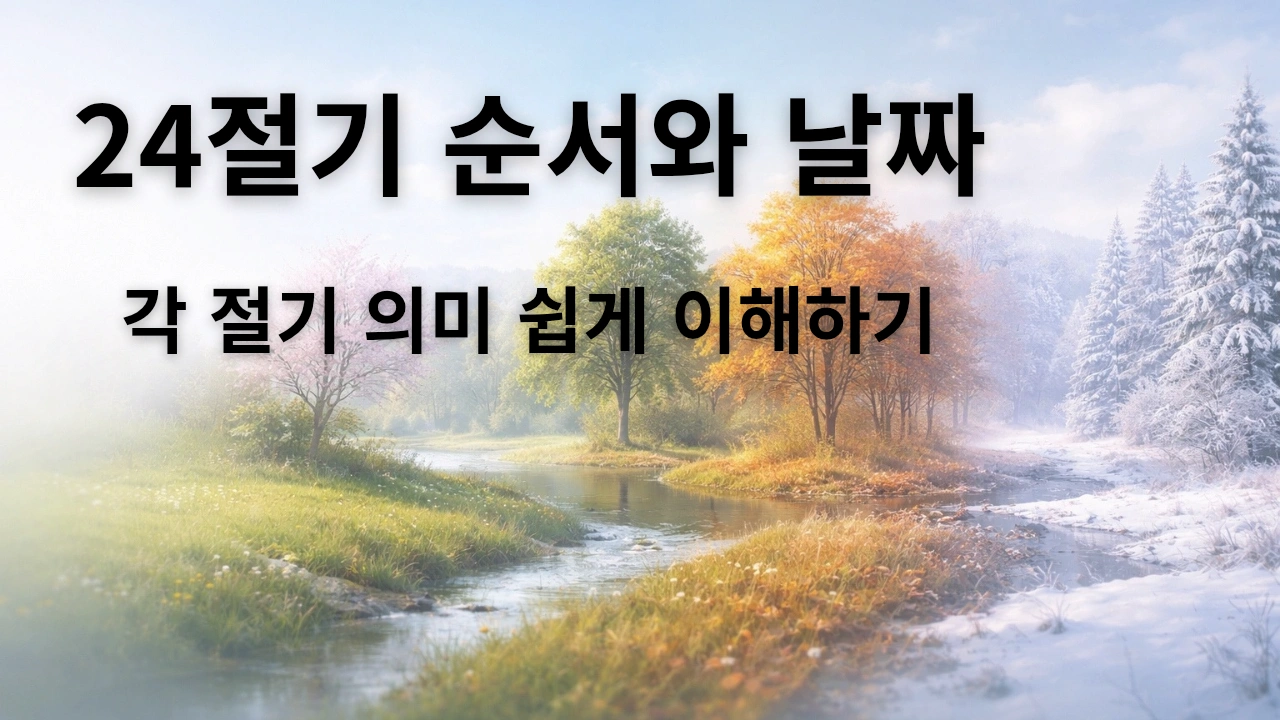 24절기 순서와 날짜를 설명하는 썸네일 이미지, 사계절 풍경 배경과 함께 각 절기 의미를 쉽게 이해할 수 있는 콘텐츠