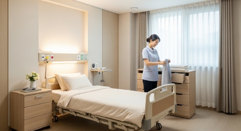단기보호시설 침대 정돈