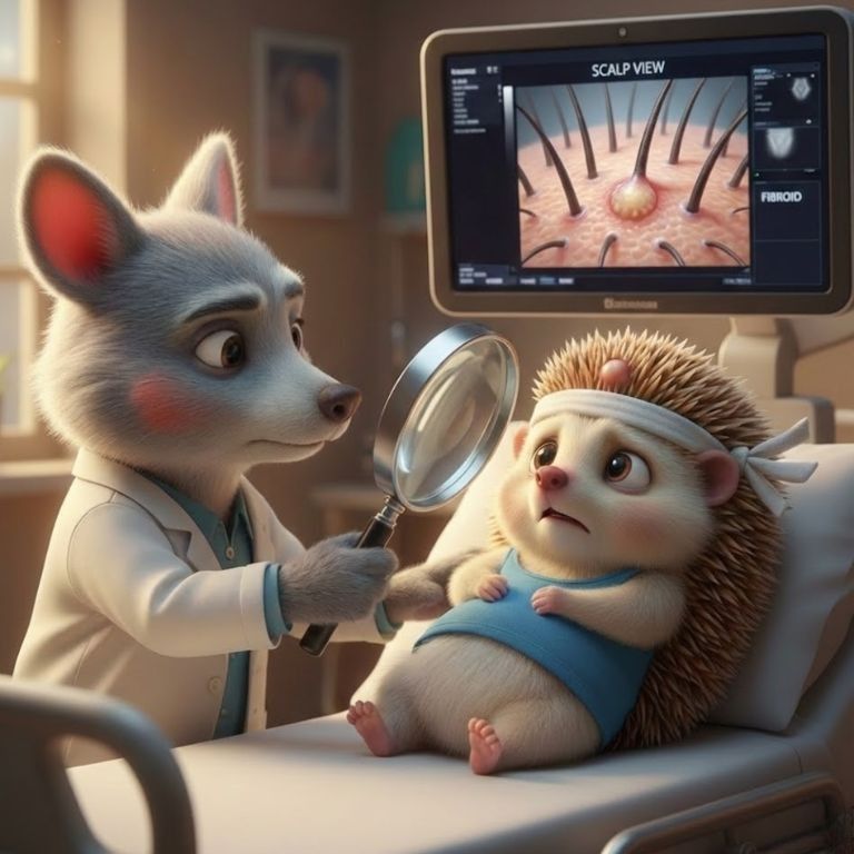 돋보기로 잘 살펴보시고 피지낭종이라고 진단내리시는 의사선생님의 모습