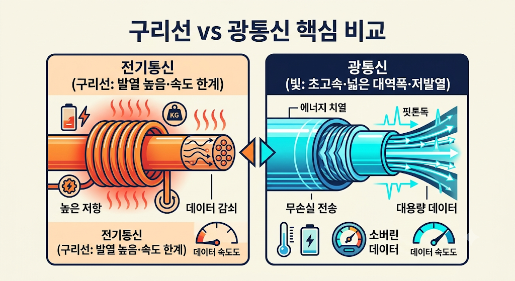 구리선과 광통신 비교 그림