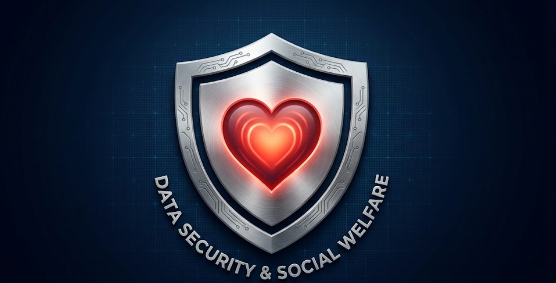 방패 아이콘과 하트가 결합된 보안 로고 그래픽