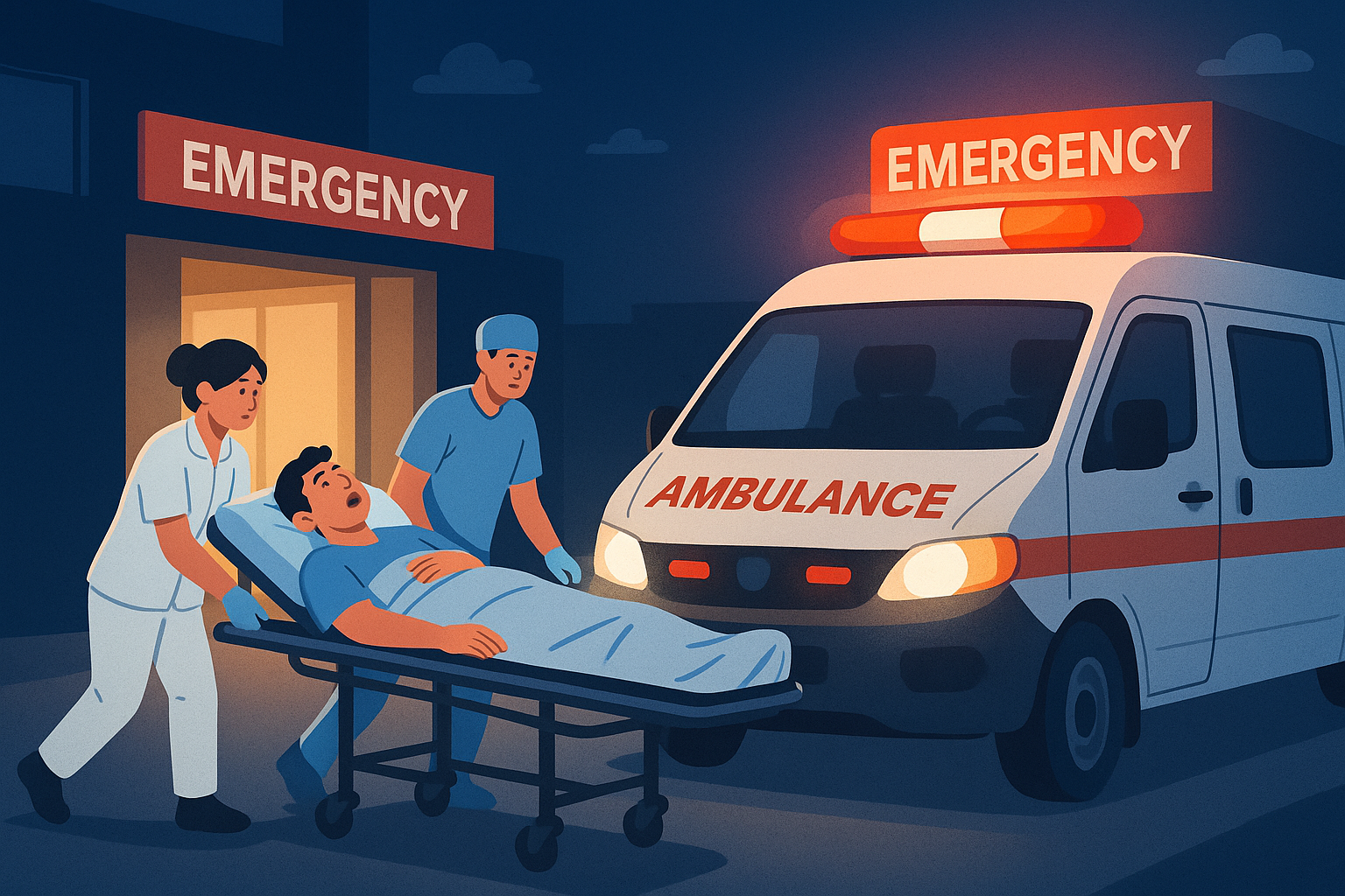 심야에 응급실로 환자를 이송하는 구급차와 의료진