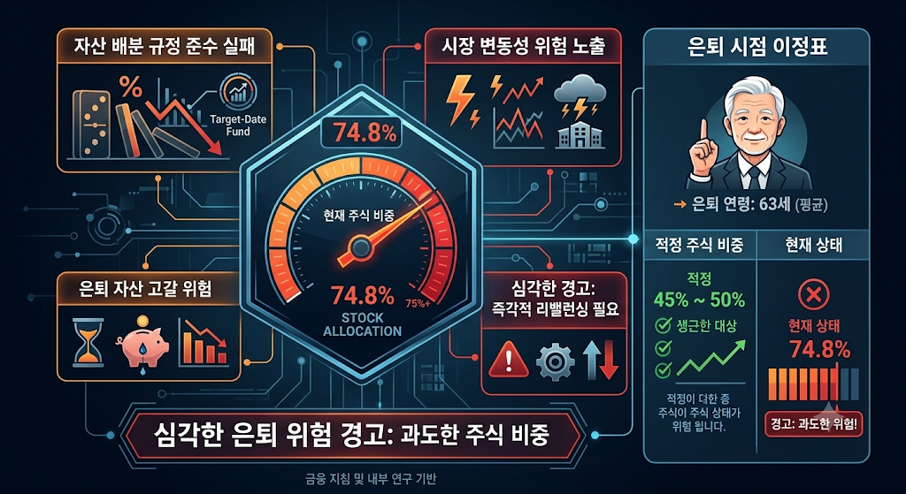 40대와 50대 은퇴 시점에도 여전히 74% 이상 유지되는 주식 비중을 보여주는 경고성 하이테크 리스크 인포그래픽