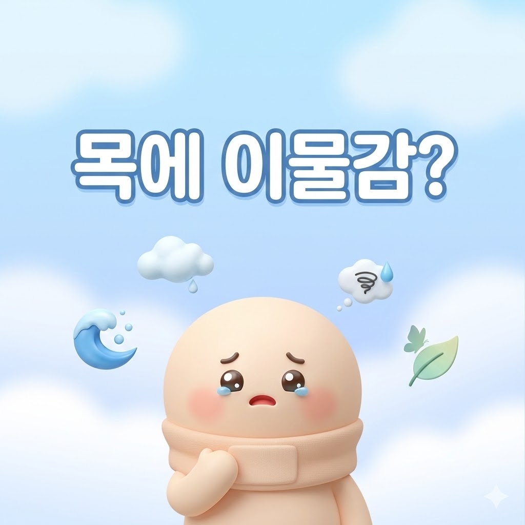 목에 이물감을 느끼며 불편해하는 귀여운 캐릭터와 여러 원인을 상징하는 요소들이 그려진 3D 카툰 일러스트.