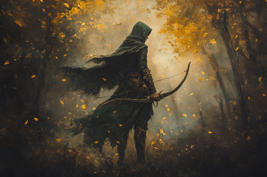 홍길동전과 로빈 후드 비교를 위한 의적 이미지, 숲속의 신비로운 레인저 캐릭터 아트