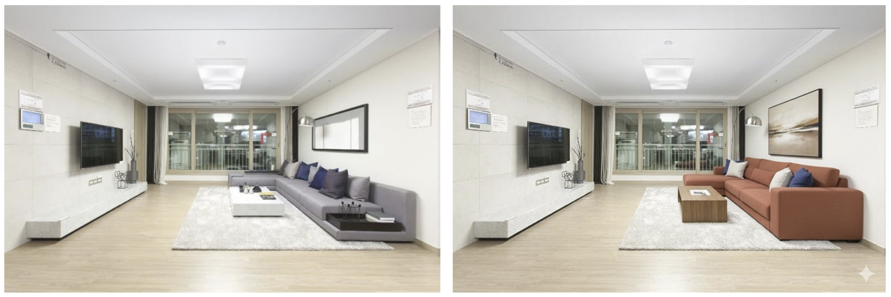 테라코타 색상의 소파와 새로운 커피테이블이 조화롭게 어우러진 개선된 거실 공간