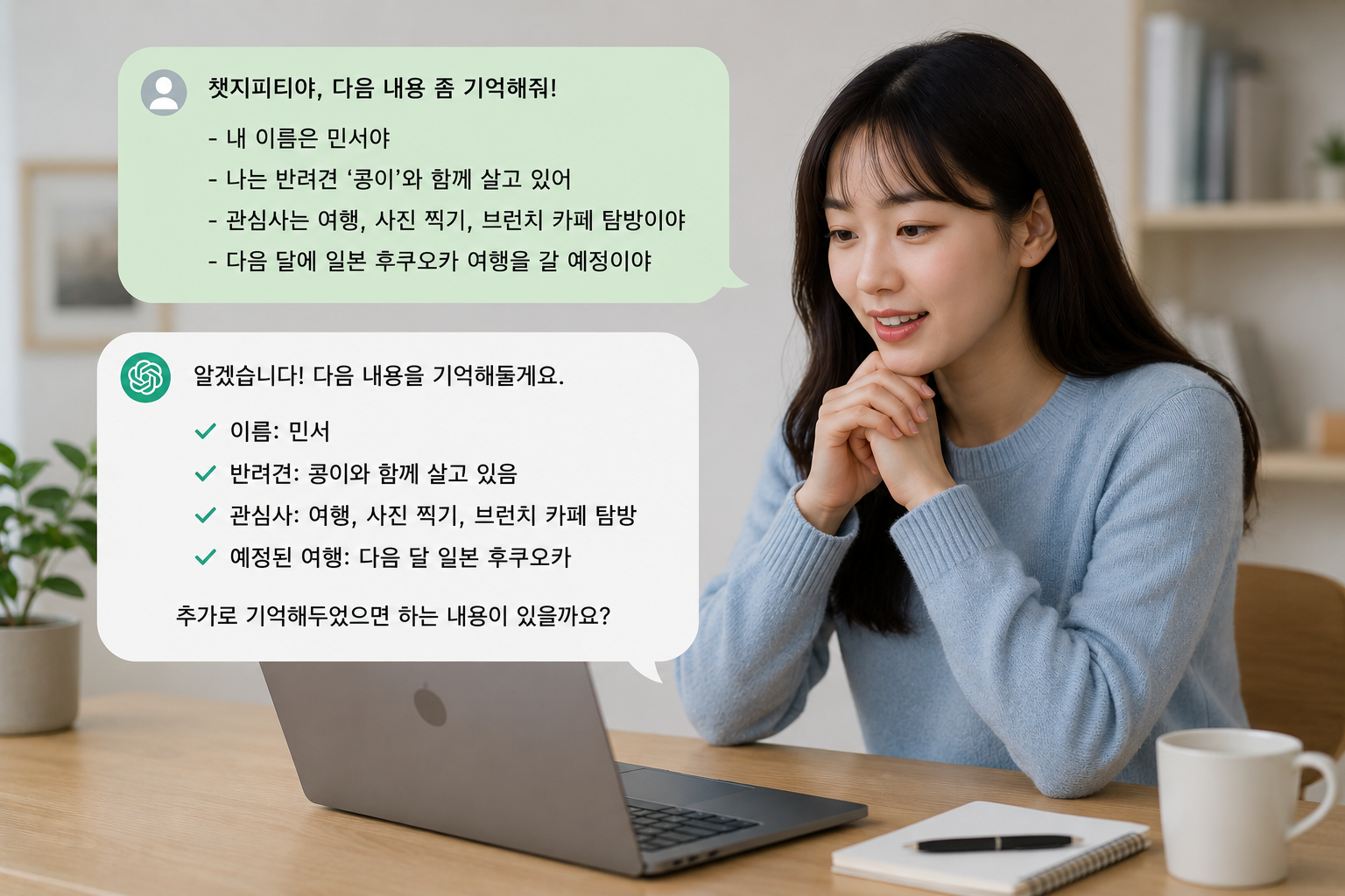 사용자의 이름, 반려견, 관심사 등 개인적인 정보를 학습하고 기억하는 ChatGPT AI 메모리 기능 예시