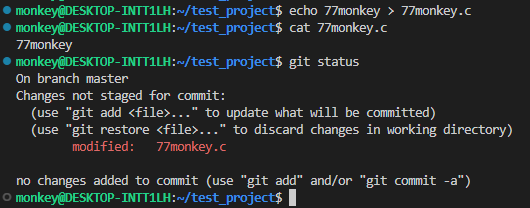 echo 77monkey > 77monkey.c; git status