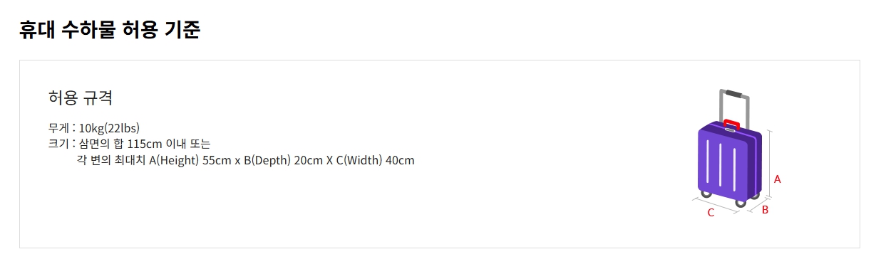 항공사별 기내용 캐리어 사이즈