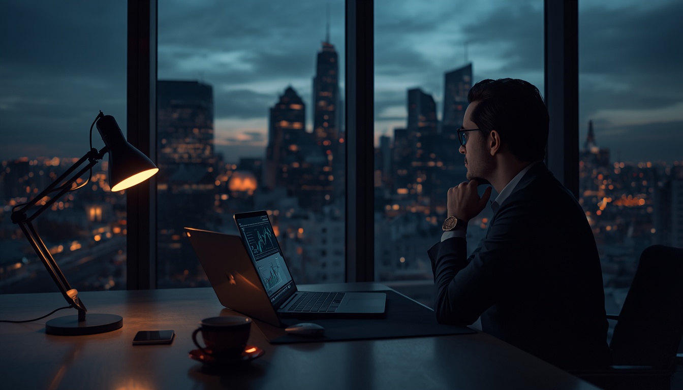 An experienced financial analyst looking out a window at a city skyline while analyzing macroeconomic charts on a desk laptop.