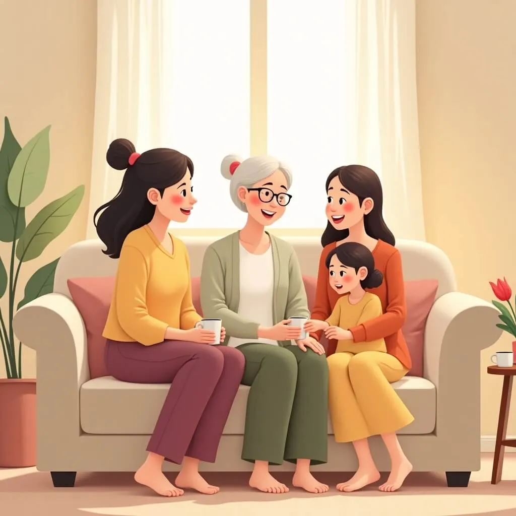 노인장기요양보험 맞춤 선택을 위한 가족 회의 장면을 담은 이미지. 밝은 거실의 편안한 소파에 3세대 가족(할머니, 성인 딸, 어린 손녀)이 함께 앉아 따뜻하게 미소 지으며 대화를 나누는 2D 일러스트.