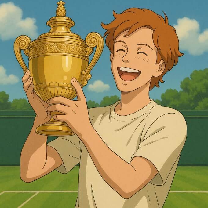 2025 윔블던 단식 결승 우승한 야닉시너가 우승컵을 들고 환하게 웃는 모습