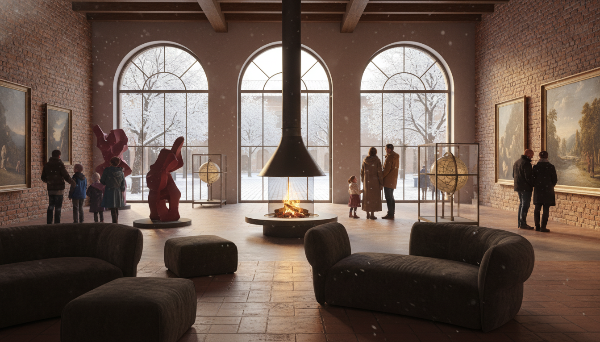 2025년 겨울, 따뜻한 실내 박물관에서 다양한 연령대의 사람들이 전시를 관람하며 문화생활을 즐기는 모습. 창밖으로는 눈이 내리는 풍경이 보인다.