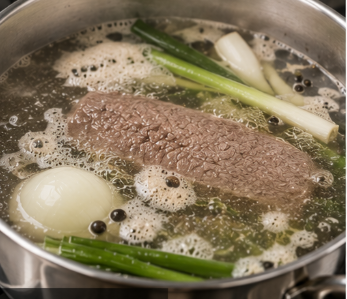대파, 양파, 통후추와 함께 통소고기가 냄비 안에서 뽀얀 육수를 내며 보글보글 부드럽게 삶아지고 있는 주방 풍경
