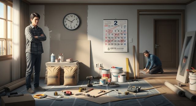 리모델링 공사 기간 지연으로 공사 현장을 바라보는 집주인 모습