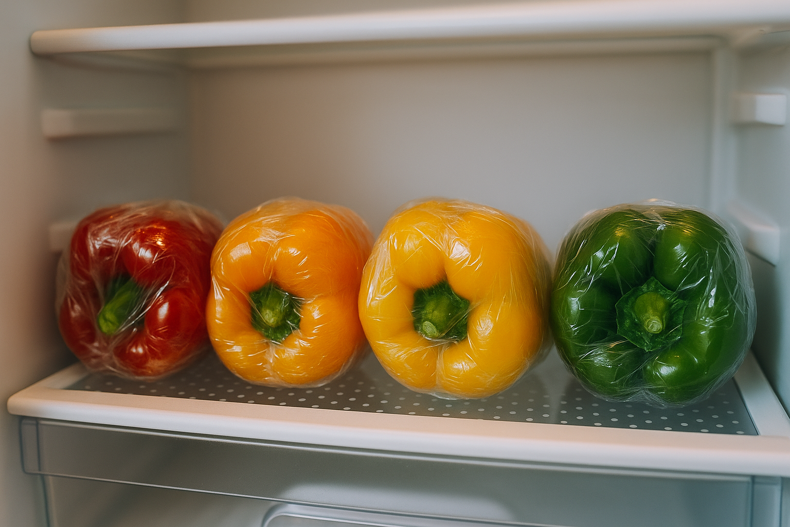 냉장고에 하나씩 랩에 씌여진 파프리카