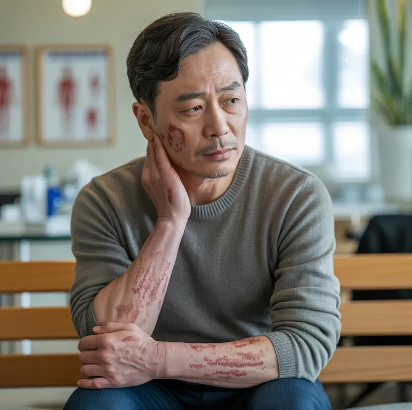 성인 아토피 증상이 있어 괴로워하고 있는 사람 이미지