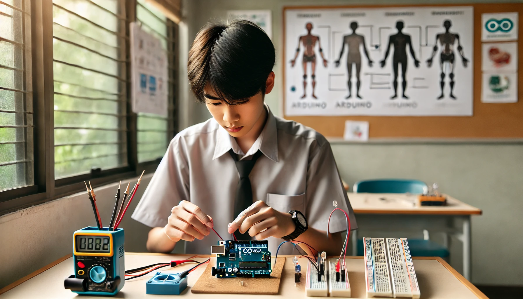 아두이노 회로 실험 중인 동아시아 고등학생의 실습 장면