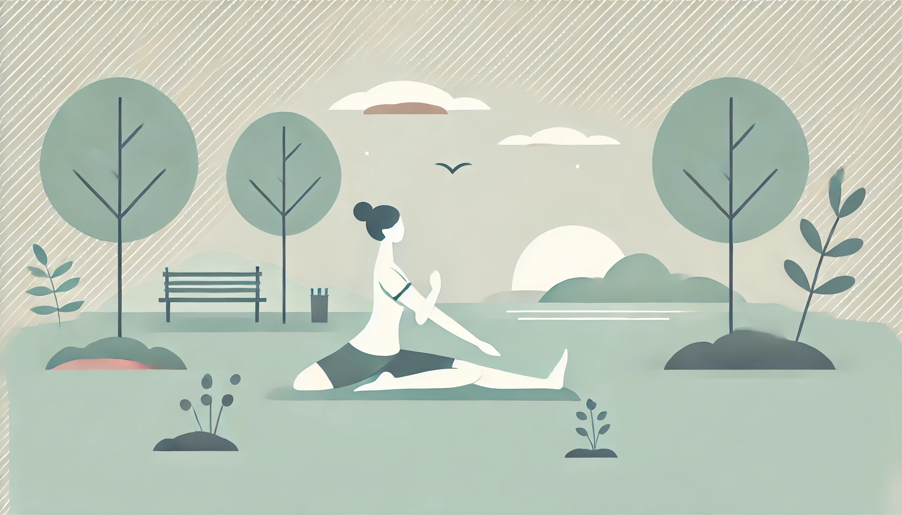 조용한 공원에서 스트레칭이나 요가를 하며 평화롭게 운동하는 모습을 미니멀하게 표현한 일러스트