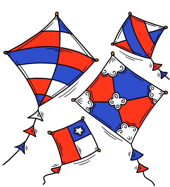 4개의 마름모꼴 연이 날고 있다. 붉은색과 파란색이 칠해진 연이다.