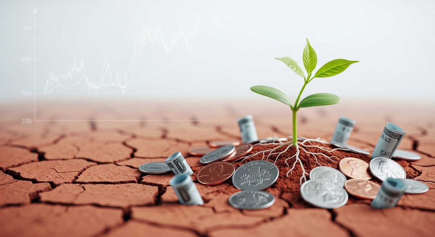 작은 씨앗이 돈과 함께 자라나는 모습으로, 소액 투자의 성장 가능성을 상징합니다.