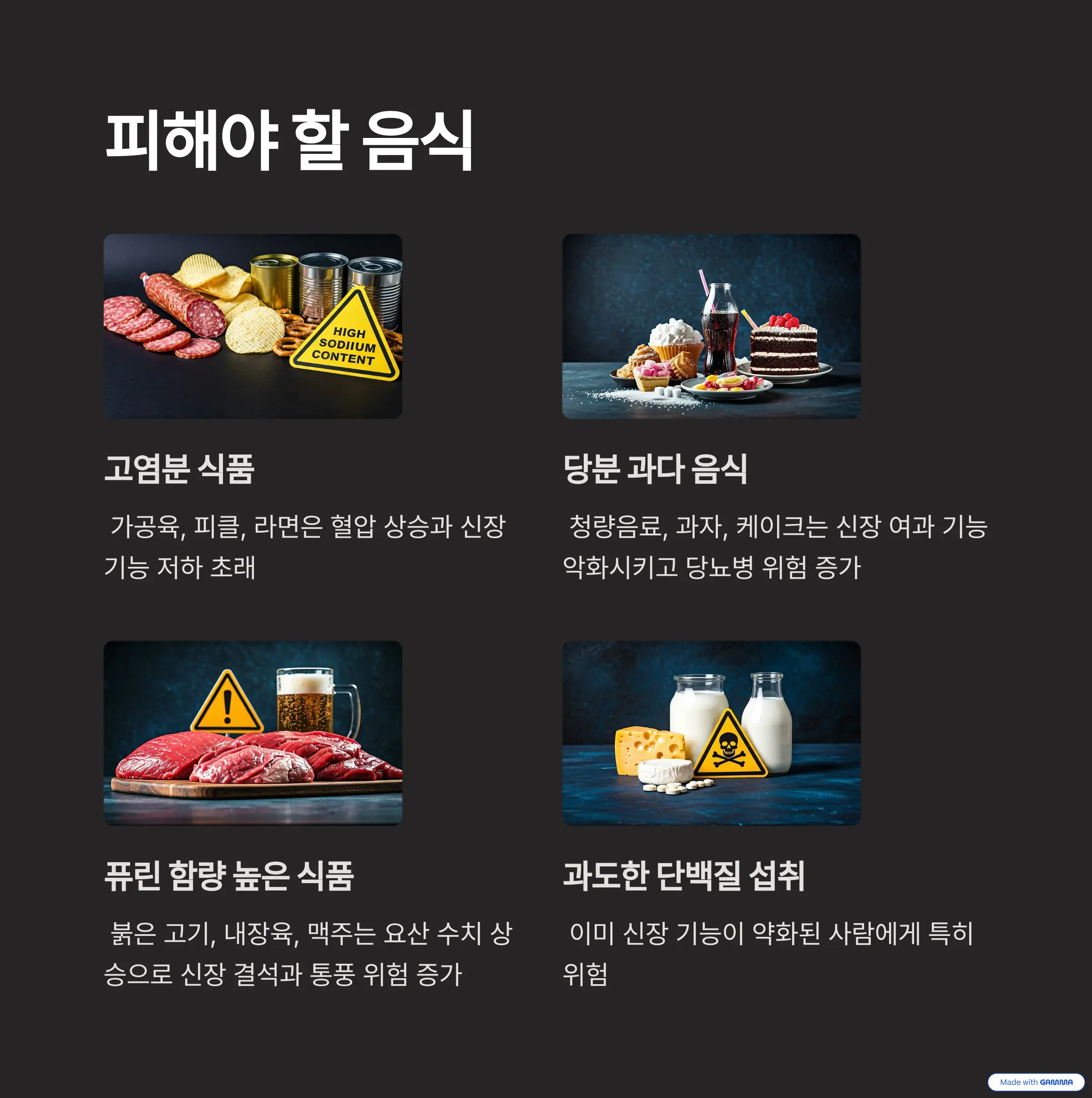 신장에 해로운 음식 – 고염, 당분, 퓨린, 고단백 식단 경고 이미지