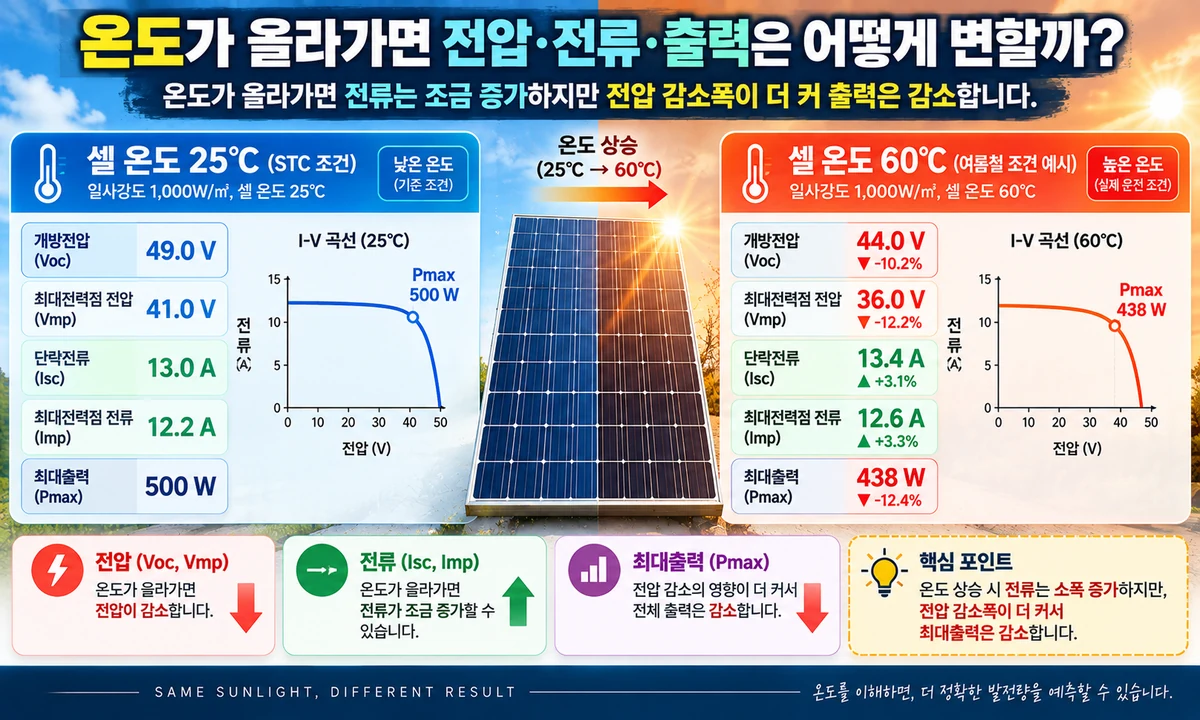 태양광 모듈 셀 온도 25도와 60도에서 전압 전류 최대출력이 어떻게 달라지는지 비교한 인포그래픽