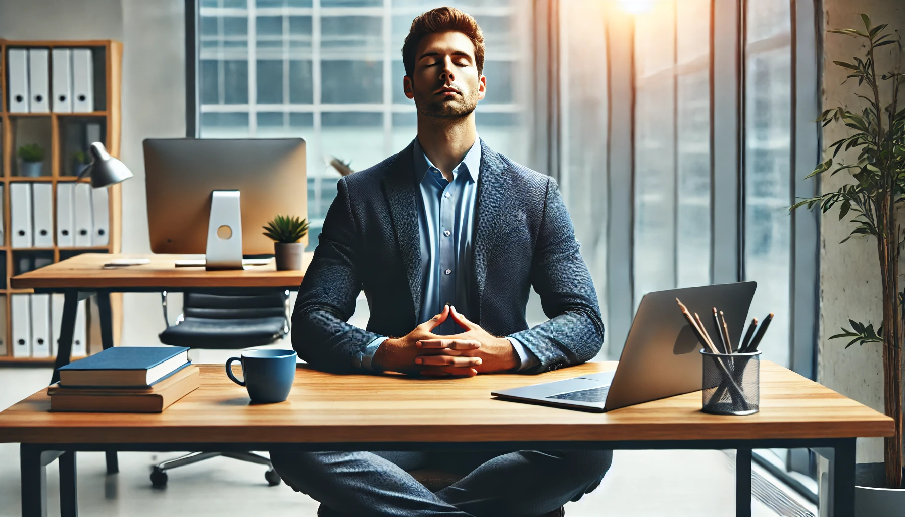 사무실 책상에서 명상을 하는 직장인의 모습. 눈을 감고 깊게 숨을 들이마시며 집중하는 장면