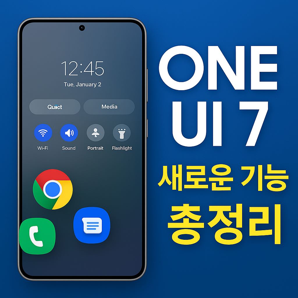 갤럭시 One UI 7 퀵 설정창과 앱 아이콘을 보여주는 스마트폰 이미지, 텍스트 'ONE UI 7 새로운 기능 총정리' 포함