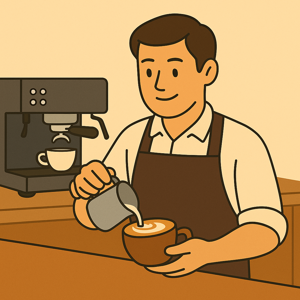 크림색 셔츠와 갈색 앞치마를 착용한 남성 바리스타가 에스프레소 머신 앞에서 스팀 우유를 커피 잔에 부어 라떼 아트를 만드는 플랫 스타일 일러스트. 부드러운 목재 카운터와 따뜻한 배경이 편안한 카페 분위기를 자아냅니다.