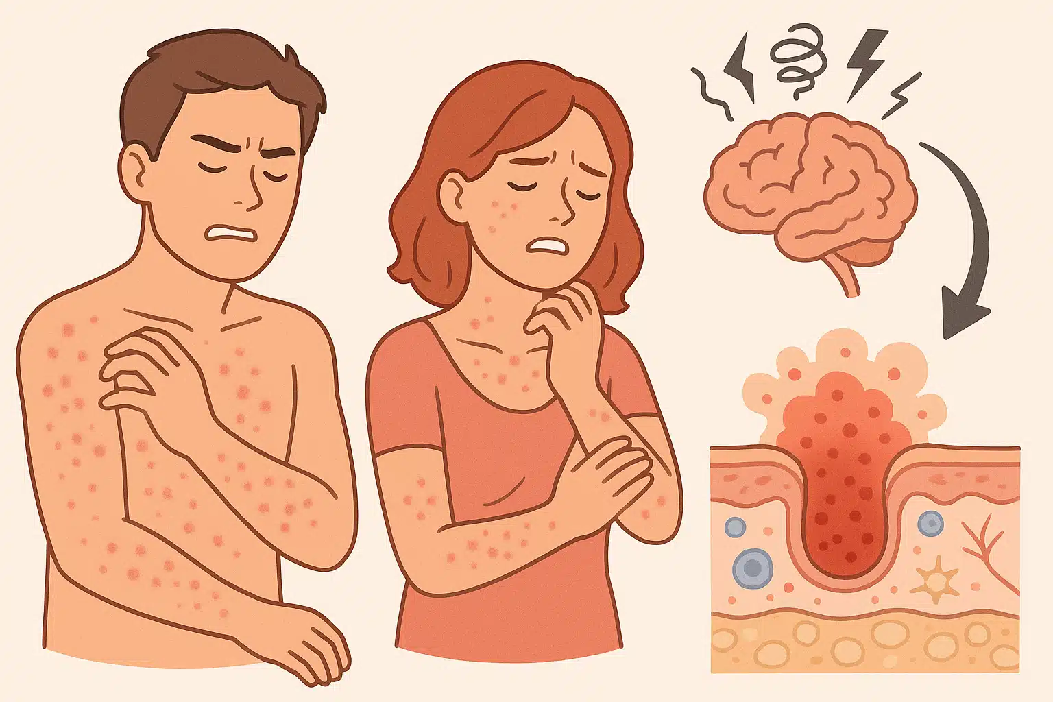 피부에 붉은 발진과 가려움으로 긁는 남녀, 피부 단면에 염증 반응