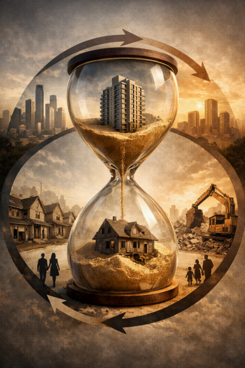 파일명: korea_housing_60year_cycle_hourglass_old_house_apartment.jpgAlt 태그: "모래시계 속 낡은 단독주택에서 현대 고층아파트로 변화하는 한국 부동산 60년 순환 사이클 도시 재개발 경제 분석"