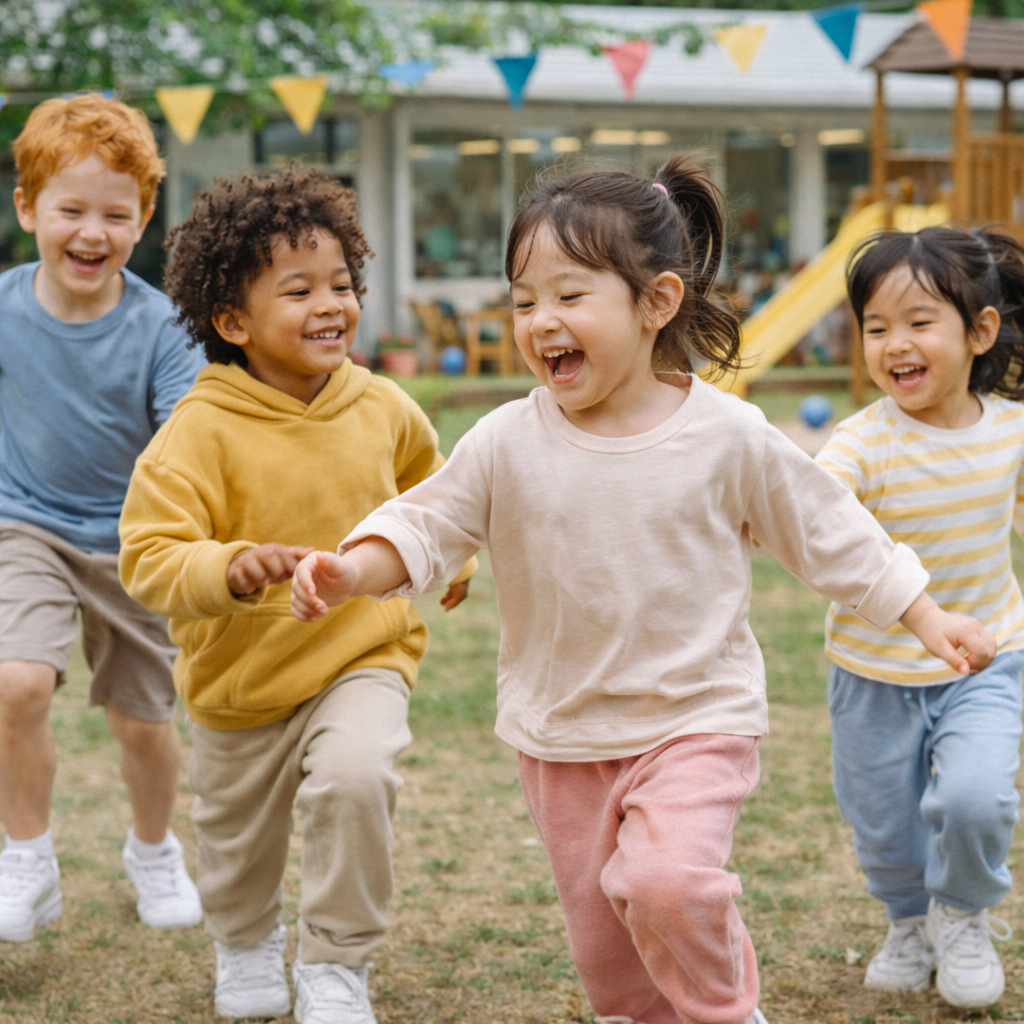 편한 옷을 입고 신나게 뛰어 놀고 있는 아이들의 모습