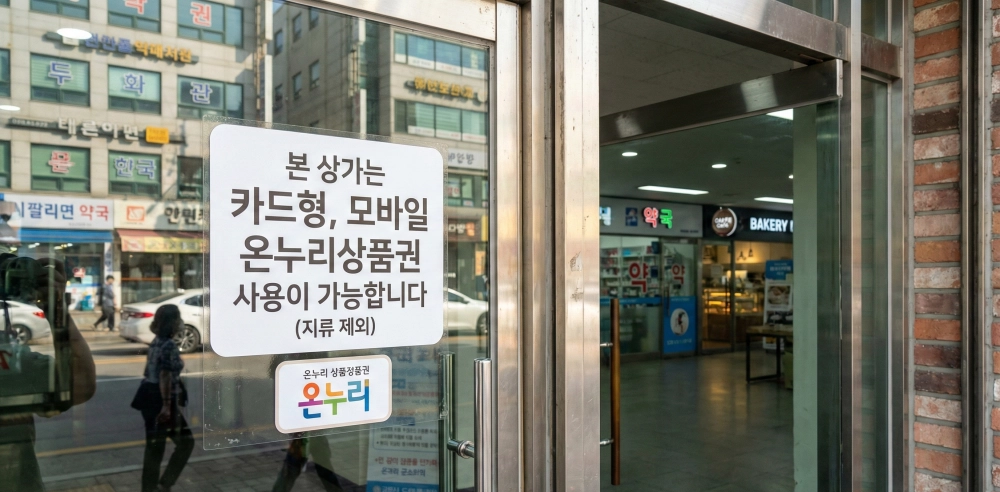 카드형, 모바일 온누리상품권 사용 안내 스티커가 부착된 한국의 한 상가 건물