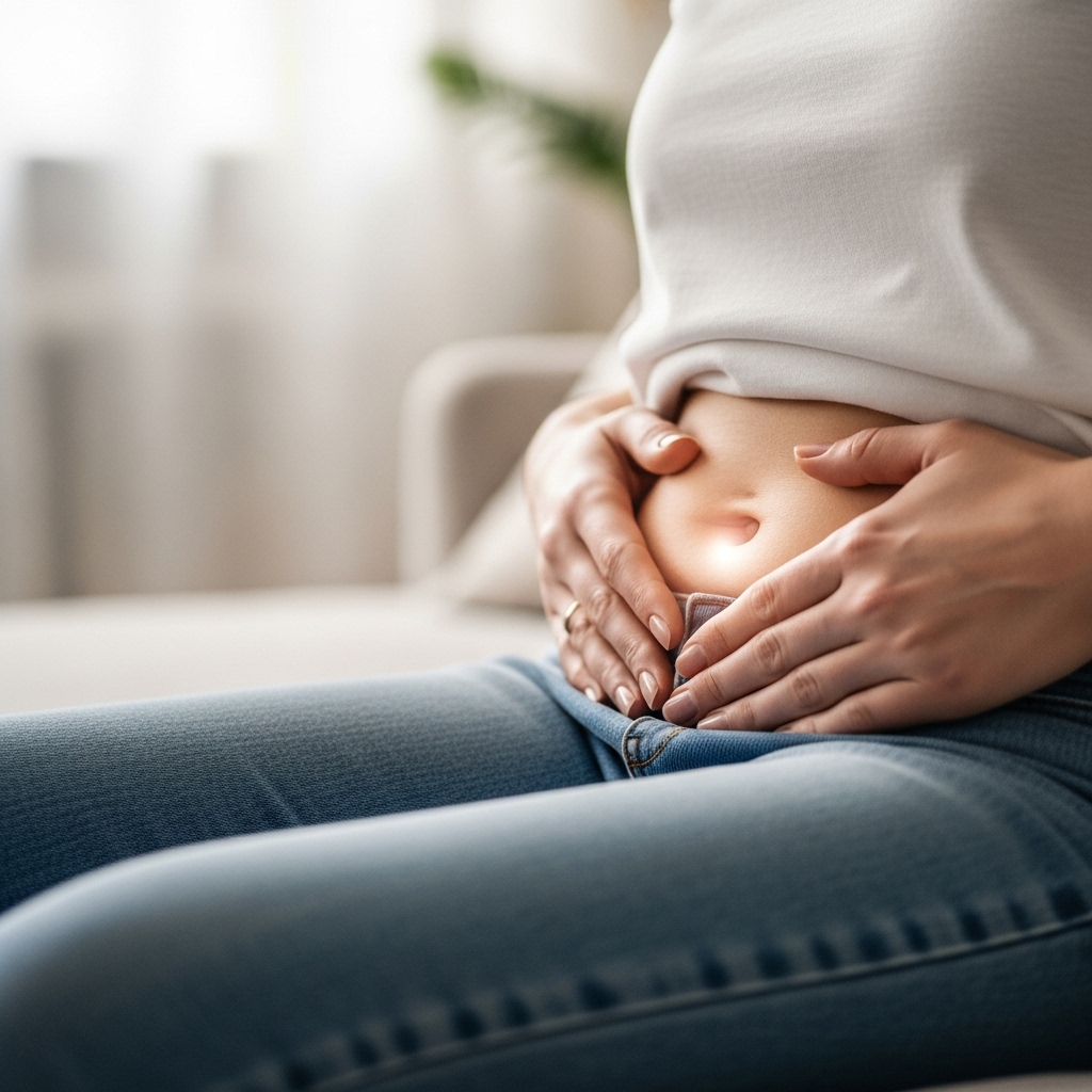 임신 초기 착상혈과 관련된 여성의 부드러운 손길과 희망을 표현한 이미지.
