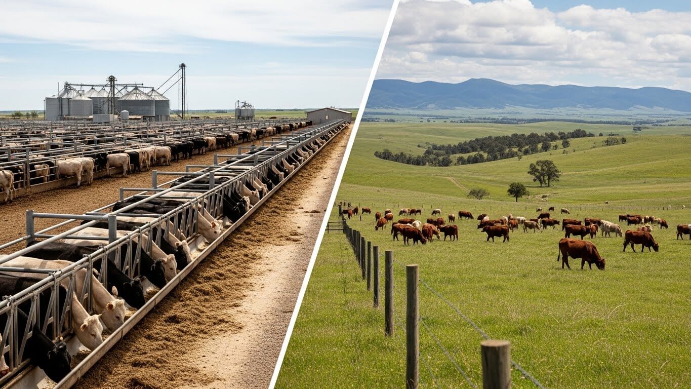사육 방식의 차이 &ndash; 곡물 비육 vs 목초 방목