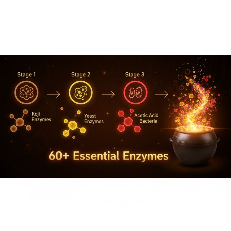 천연식초의 3단계 발효 과정을 보여주는 플로우차트 인포그래픽. 왼쪽에서 오른쪽으로 1단계(누룩균-갈색), 2단계(효모-노란색), 3단계(아세트산균-빨간색)가 순차적으로 배치. 각 단계마다 생성되는 효소들이 작은 분자 아이콘으로 표시. 중앙 하단에는 '60종 이상 효소' 강조 텍스트. 오른쪽에 전통 옹기 항아리와 그 안에서 빛나는 효소들. 발효의 역동성과 과학적 정밀함이 조화된 브라운-골드-레드 그라데이션